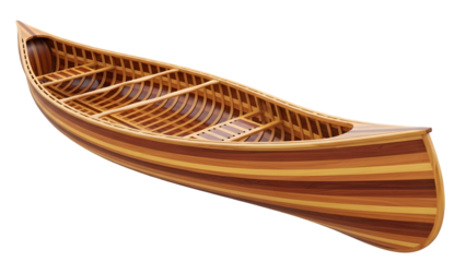 Handcrafted Wooden Canoe with Striped Hull and Intricate Interior Ribbing on Black Background