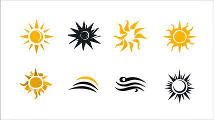 Obraz premium Set of diverse sun icons and abstract wave symbols vector illustration collection. Graphic elements for summer weather and climate designs.