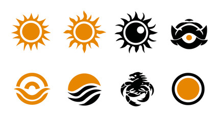 Abstract orange and black graphic symbols set: Sun, waves, geometric, and mythical creature design elements
