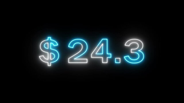 Neon 73 dollar counting animation. Increasing counter dollar number. Business count dollar number. Counting money and digits.