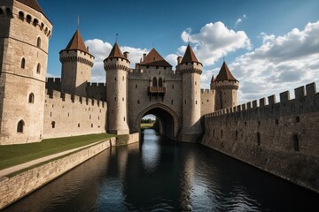 Obraz premium Majestätische mittelalterliche Burg mit Wassergraben und Türmen vor blauem Himmel