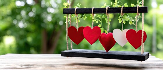 Black wooden swing with red paper hearts hanging in front of green trees during the day showing art in nature