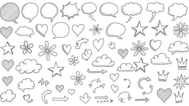 Collection of hand drawn doodle elements including speech bubbles hearts stars flowers clouds and arrows silhouette