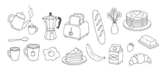 Monochrome Morning Meal Clip Art, Line Art Coffee, Toast, and Pancake Illustrations.