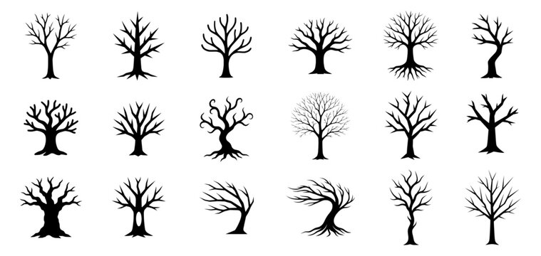 Minimal leafless tree silhouette icon set