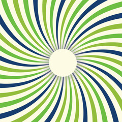Abstract radial burst of green and blue stripes emanating from a central light circle on a white background