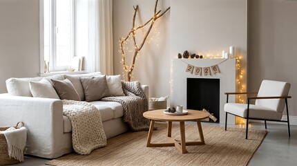 Elegant and cozy living room interior with a comfortable sofa fireplace and natural light.