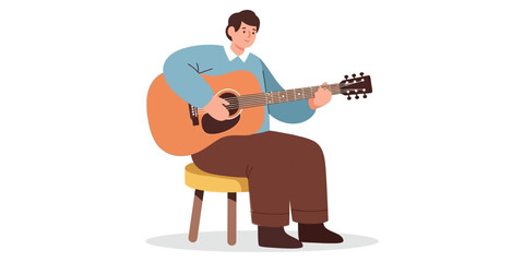 Man Sitting on a Stool Playing an Acoustic Guitar with a Melodious Sound