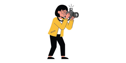 Creative female photographer with glasses and a yellow jacket holding a professional camera to take a picture. Isolated vector illustration of a woman capturing a moment