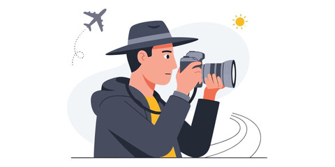 Illustration of a male travel photographer with a camera capturing moments on an adventurous journey