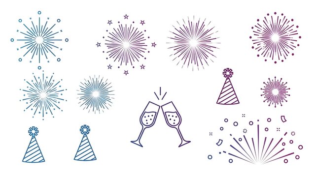 Vibrant collection of festive celebration graphic elements featuring fireworks, party hats, and champagne glasses, perfect for New Year's Eve designs, event invitations, and joyful holiday projects