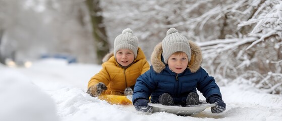 Two girls having fun sledding down a snowy hill with snow-covered trees on a sunny winter day
