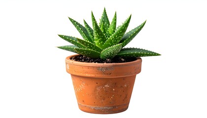 A small, spiky aloe vera plant in a terracotta pot, isolated against a white background