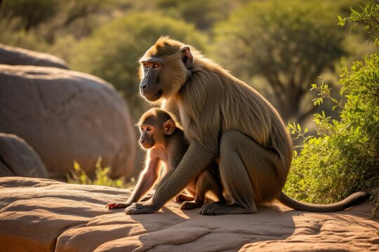 Affenfamilie in der Wildnis &ndash; Mutter mit Jungtier auf Felsen bei Sonnenuntergang in Afrika