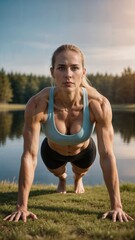 A powerful and athletic woman performs an intense push-up outdoors near a calm lake surrounded by a forest
