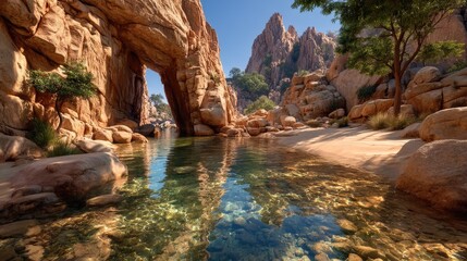 Rocky archway over clear, shallow stream