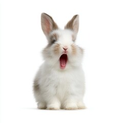 Obraz premium Cute fluffy rabbit yawning with wide-open mouth showcasing adorable and playful expression against bright white background