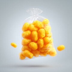 Fototapeta premium Bag of Bright Orange Snack Puffs Floating in Air on Gray Background, Perfect for Food and Snack Illustrations