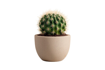 spherical cactus in a simple clay pot isolated on transparent background, cut out, PNG