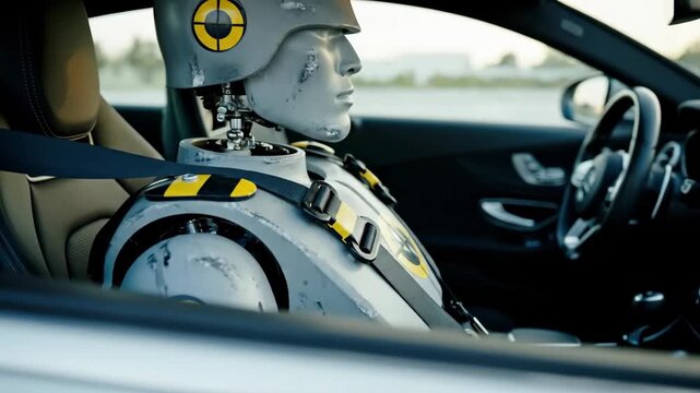 Side view of crash test dummy sitting in driver seat of modern luxury car wearing safety belt ready for accident simulation and vehicle safety assessment technology experiment industry