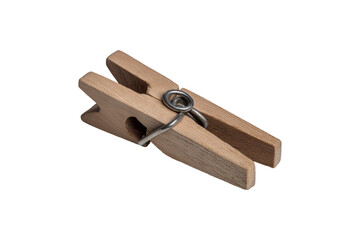 wooden clothespin with metal spring isolated on transparent background, cut out, PNG