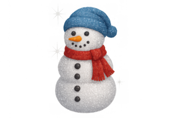 Snowman wearing blue hat and red scarf with textured snow, holiday season decoration. Winter cheerful character
