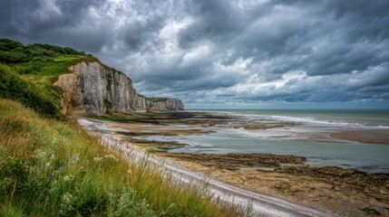 Normandy Coastline Features Chalk Cliffs and Tidal Flats Under Overcast Sky During a Cloudy Day