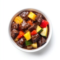 Savory Beef Stew with Colorful Vegetables in a White Bowl on a Bright Background