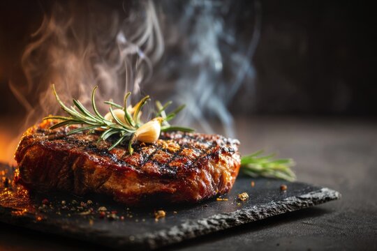 Grilled ribeye steak on a black slate board with rosemary sprig and garlic on top