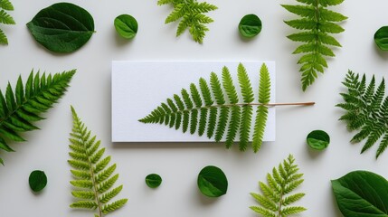 Flat lay of floral arrangement and blank card on a light background with leaves and greenery for wedding invitation mockup