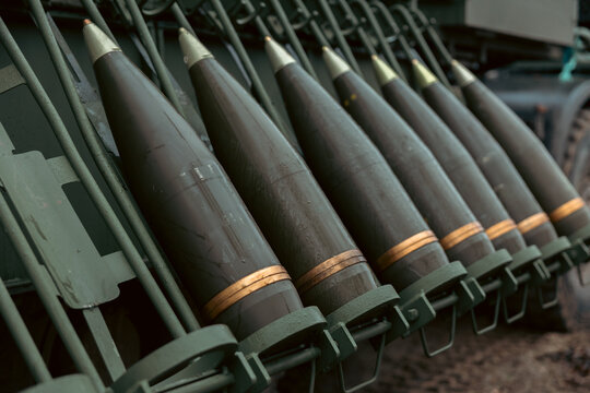 artillery shell 155 mm on combat vehicle platform. artillery shell on a combat vehicle