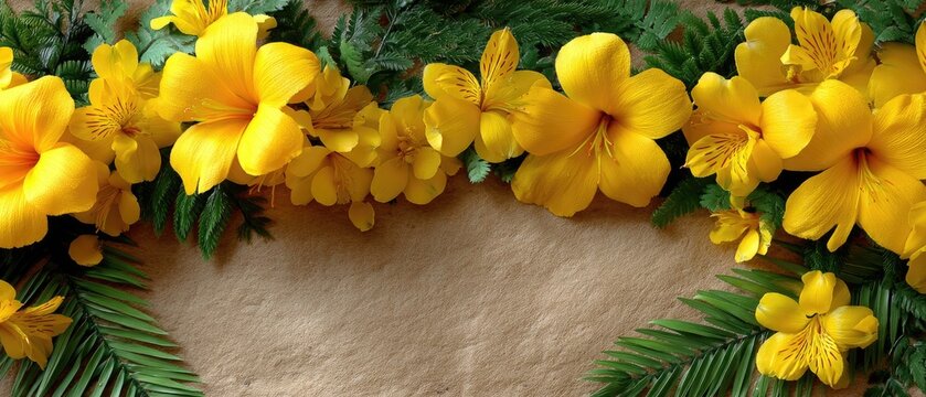 Floral composition with yellow flowers and greenery framing an empty sheet for wedding invitation or card design in flat lay view on a simple background - Powered by Adobe
