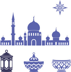 Islamic architecture and cultural symbols set: mosque, lantern, bowls, star