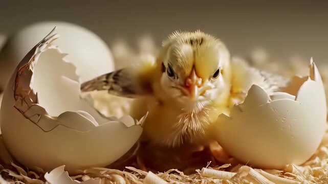 Baby bird pokes out of eggshell surrounded by shattered eggs containing tiny inhabitants, conveying tenderness and vulnerability, perfect for showcasing innocence or resilience in concept art.