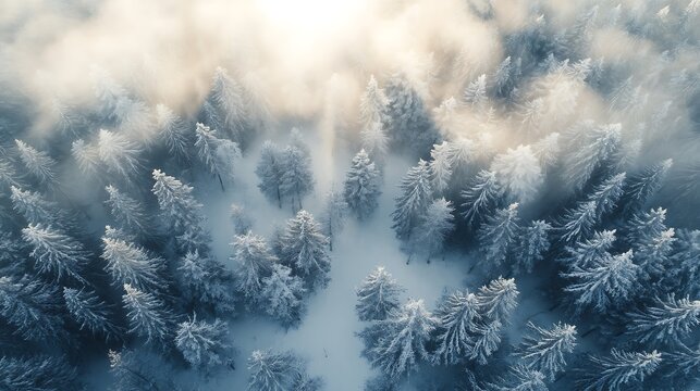 Breathtaking aerial view of snow-covered forest with bright winter sunlight
