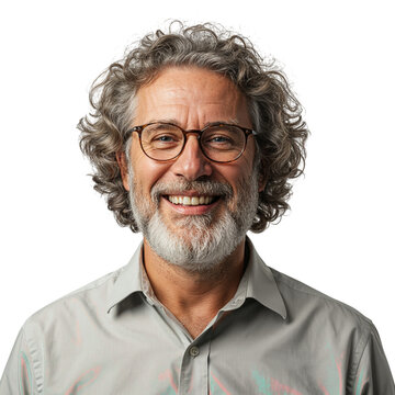 Smiling middle aged man with curly hair and beard wearing glasses isolated on transparent background