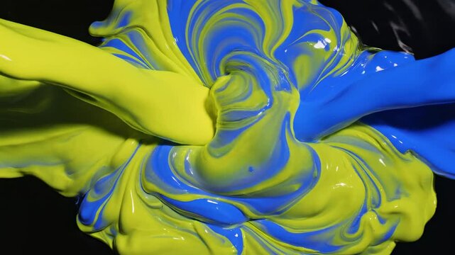 Dynamic close-up of viscous fluid mixing slowly, defined entirely by electric yellow and stark blue neon illumination as it swirls against an inky black void bright, black, biology