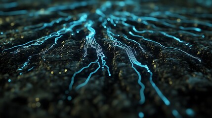 Futuristic glowing circuit lines over textured dark ground surface