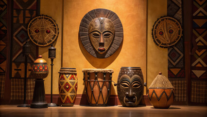 Tribal pattern fusion. African tribal masks and drums displayed in warm lit room, showcasing cultural heritage and artistry
