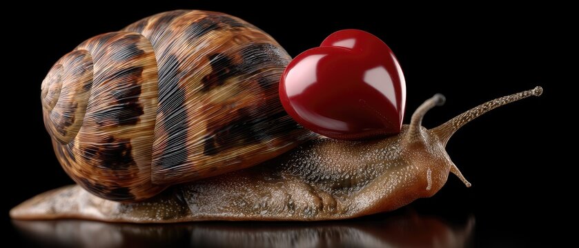3d render of a snail carrying a red heart on its shell against a black background, capturing a unique combination of life and love in a simple scene