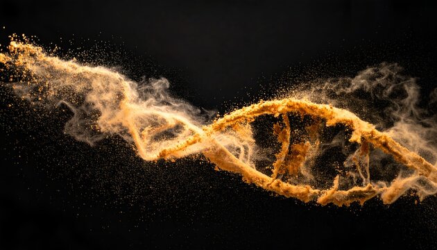 A golden, swirling DNA strand emanating from a cloud of fine particles against a black backdrop