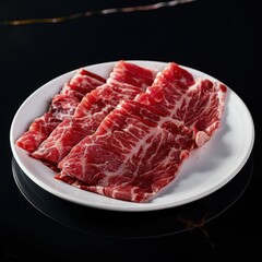 Angus Fatty Beef Slices Raw Meat White Plate Black Background Commercial Photography