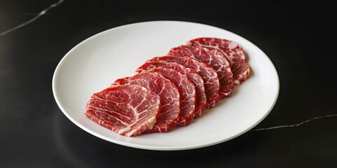 Angus Fatty Beef Slices Raw Meat White Plate Black Background Commercial Photography