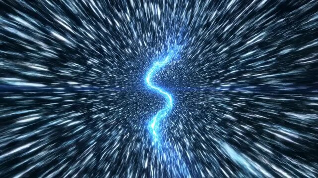 Dynamic motion graphic of high-speed illuminated energy particles rushing through a dark, centralized tunnel of blue light luminosity, data, technology