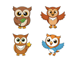 Cute owl standing with big round eyes, owl flapping wings, owl spreading both wings cartoon vector illustration design set collection, cute owl standing, big round eyes owl, kawaii owl cartoon, adorab