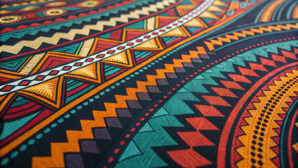 Tribal pattern fusion. Vibrant abstract tribal pattern with geometric shapes and bold colors creating dynamic visual effect