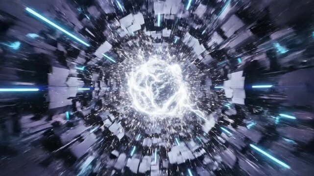 Dynamic motion graphics sequence featuring a powerful centralized white energy core pulsating rhythmically within complex rotating geometric tunnel structures speed, abstract, modern