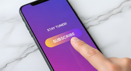 Subscribing and Digital Marketing Concept. Top View of person using Smartphone to making Subscribe on a Favorite Channel. Media Content Strategy