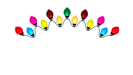 Colorful retro string lights (red, green, yellow, blue) in an arch shape on a transparent background. Ideal vector illustration for New Year, and party decorations.