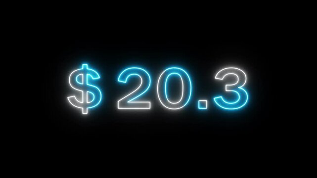 Neon 61 dollar counting animation. Increasing counter dollar number. Business count dollar number. Counting money and digits.